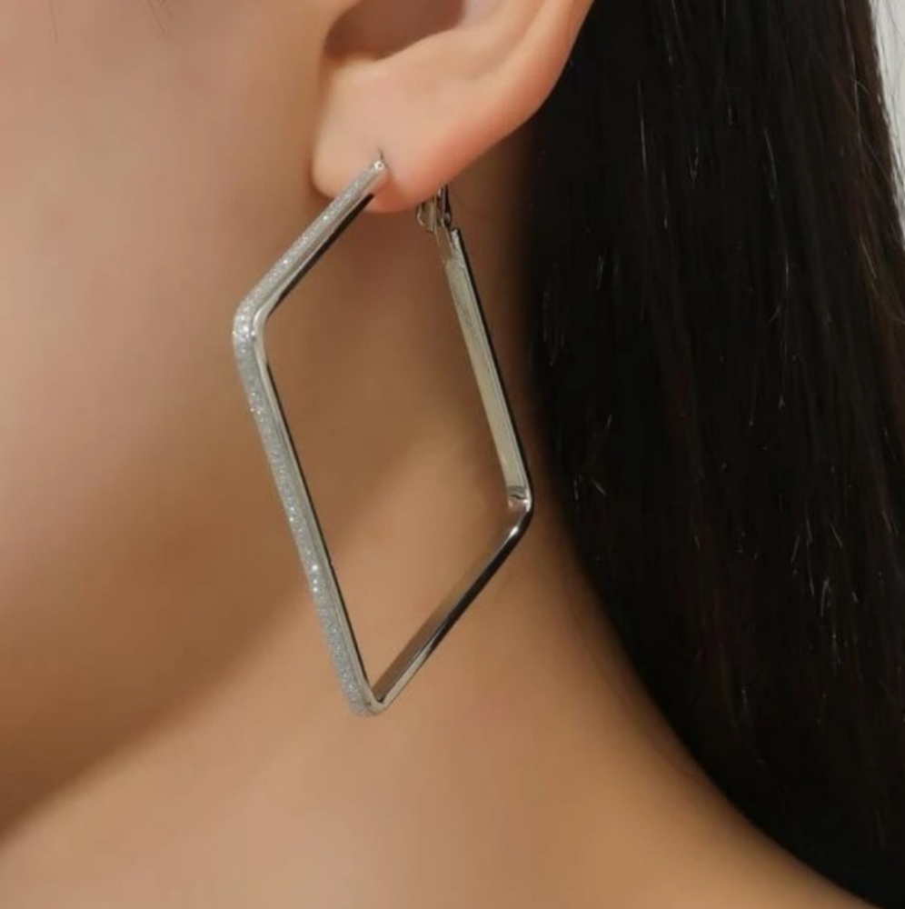 New Silver Glitter Modern Chic Large Square Hoop Earrings